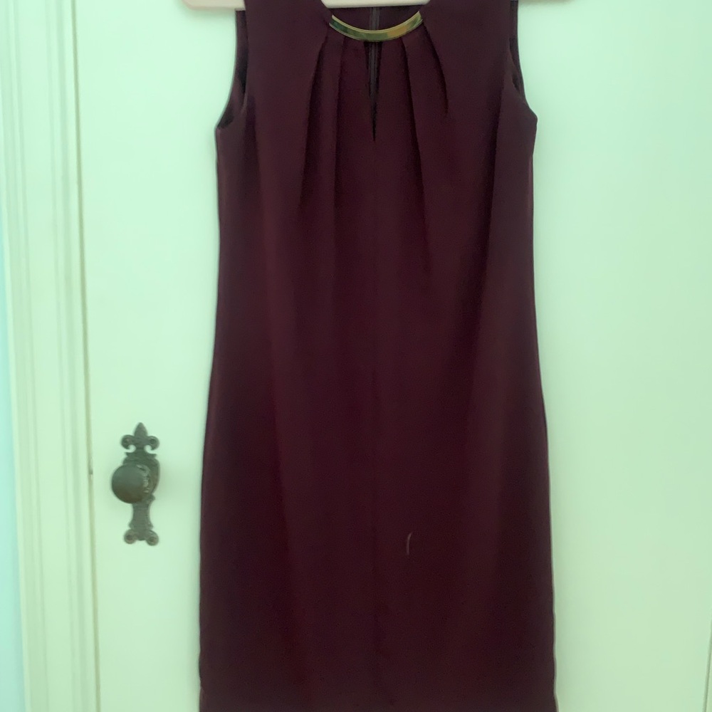 Calvin Klein Burgundy Sheath Dress with metal detailing and pleating at collar
